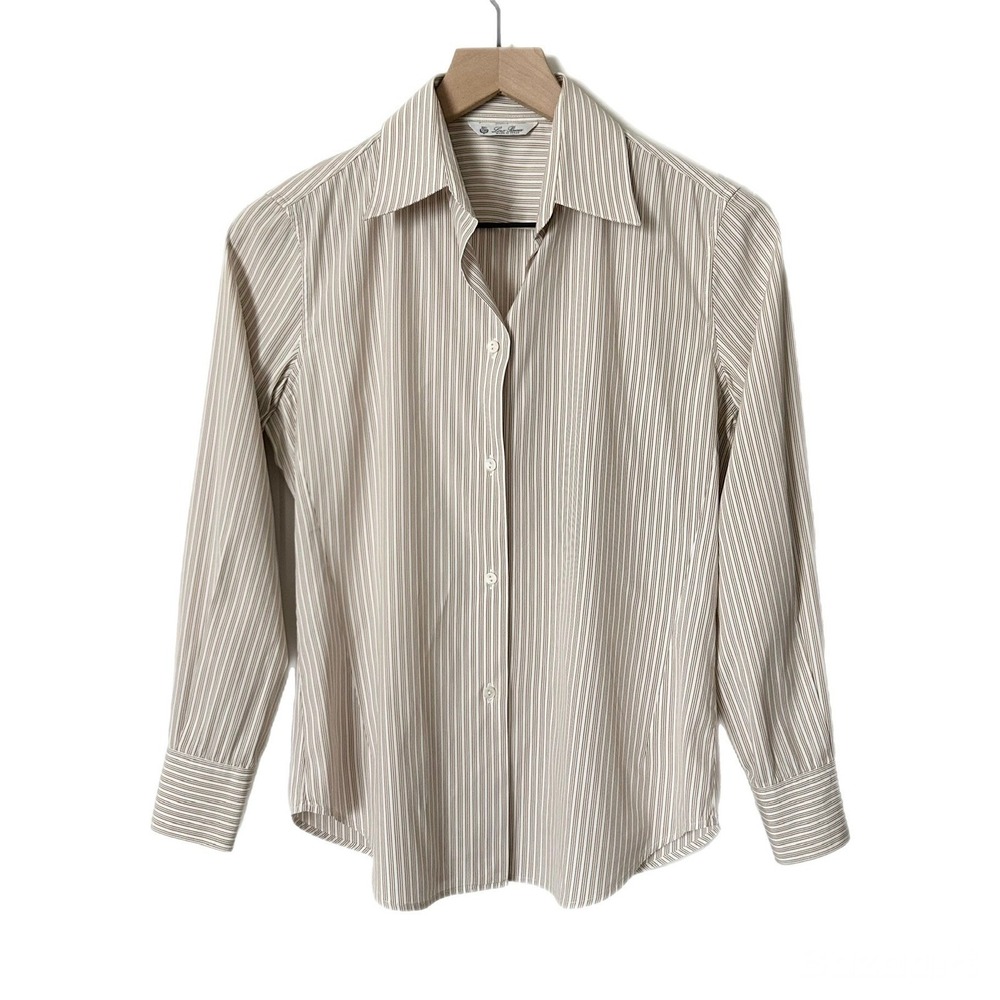 Loro Piana Tan White Striped Cotton Blend Button Down Shirt Size 40 IT Small